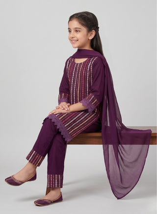 Girls Purple Embellished Kurta Pant Set