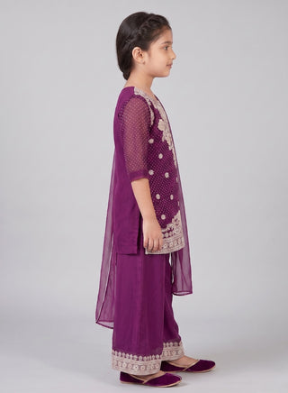 Girls Purple Embroidered Kurta Palazzo Set
