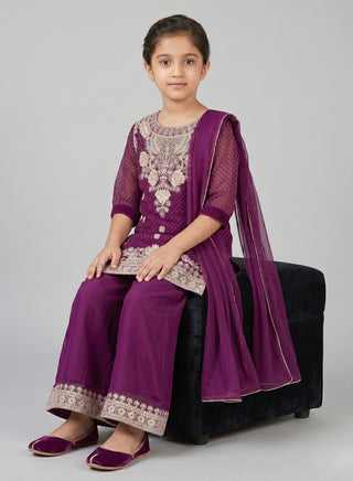 Girls Purple Embroidered Kurta Palazzo Set