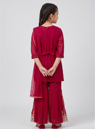 Girls Red Embroidered Kurta Palazzo Set