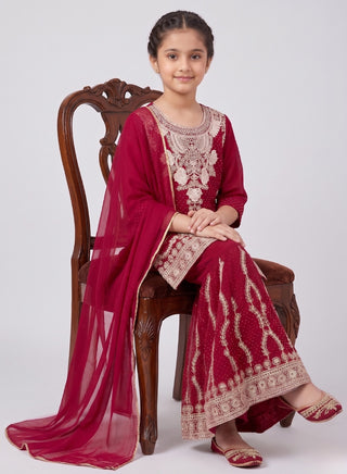 Girls Red Embroidered Kurta Palazzo Set