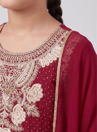 Girls Red Embroidered Kurta Palazzo Set
