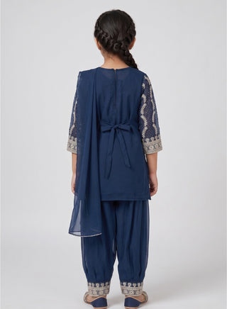 Girls Navy Embroidered Kurta Palazzo Set
