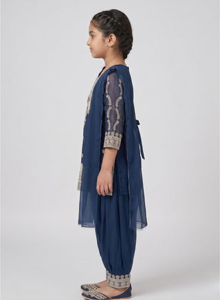 Girls Navy Embroidered Kurta Palazzo Set