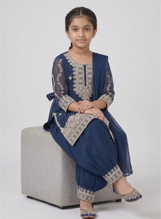 Girls Navy Embroidered Kurta Palazzo Set