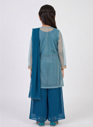 Girls Teal Floral Jacket Sharara Set