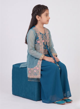 Girls Teal Floral Jacket Sharara Set