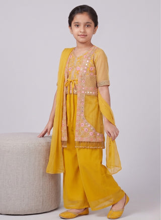 Girls Yellow Floral Jacket Sharara Set