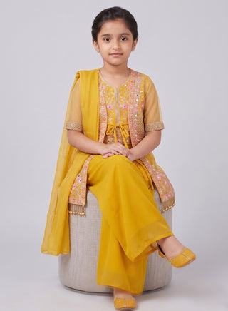 Girls Yellow Floral Jacket Sharara Set