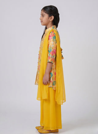 Girls Yellow Printed Jacket Palazzo Set