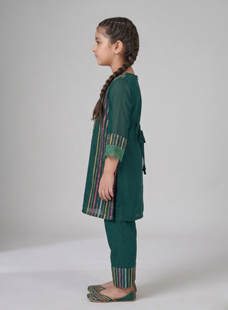 Girls Green Kurta Pant Set With Dupatta