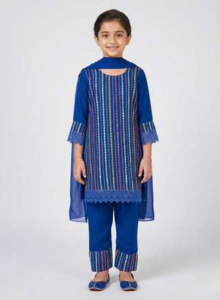 Girls Blue Embellished Kurta Pant Set