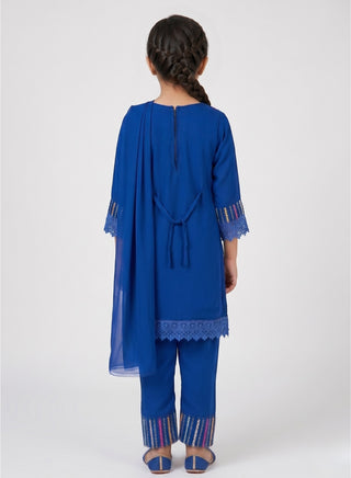 Girls Blue Embellished Kurta Pant Set