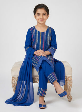 Girls Blue Embellished Kurta Pant Set