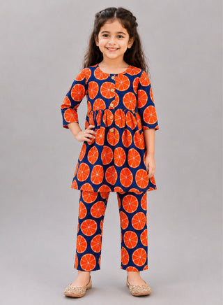Girls Orange Ethnic Kurta and Pant Set