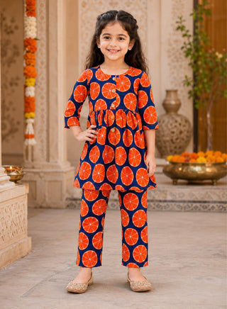 Girls Orange Ethnic Kurta and Pant Set