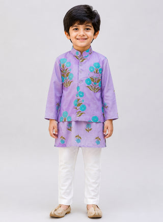 Boys Purple Floral Kurta, Printed Koti and Pajama Set