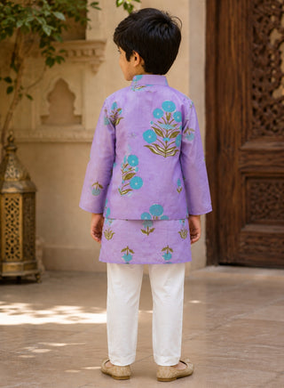 Boys Purple Floral Kurta, Printed Koti and Pajama Set