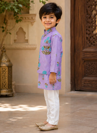 Boys Purple Floral Kurta, Printed Koti and Pajama Set