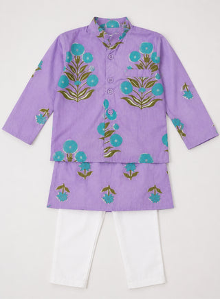Boys Purple Floral Kurta, Printed Koti and Pajama Set
