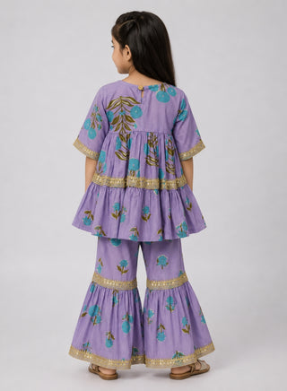Girls Purple Floral Peplum Kurta and Sharara Set