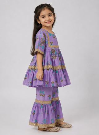 Girls Purple Floral Peplum Kurta and Sharara Set