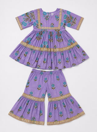 Girls Purple Floral Peplum Kurta and Sharara Set