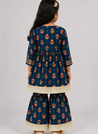 Girls Navy Blue Floral Anarkali Kurta and Sharara Set
