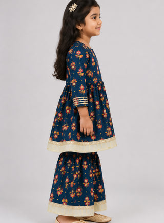 Girls Navy Blue Floral Anarkali Kurta and Sharara Set