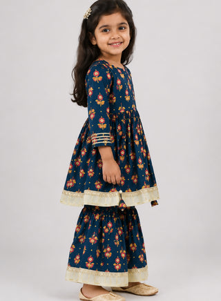 Girls Navy Blue Floral Anarkali Kurta and Sharara Set