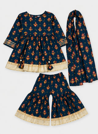 Girls Navy Blue Floral Anarkali Kurta and Sharara Set