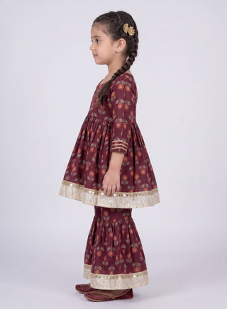 Girls Maroon Floral Anarkali Kurta and Sharara Set
