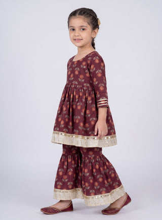 Girls Maroon Floral Anarkali Kurta and Sharara Set