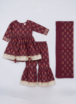 Girls Maroon Floral Anarkali Kurta and Sharara Set