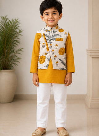 Boys Mustard Yellow Kurta, Floral Koti and Pajama Set