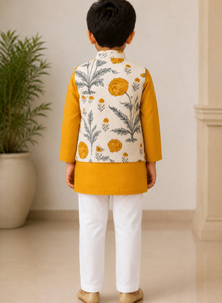 Boys Mustard Yellow Kurta, Floral Koti and Pajama Set