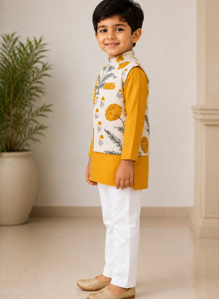 Boys Mustard Yellow Kurta, Floral Koti and Pajama Set