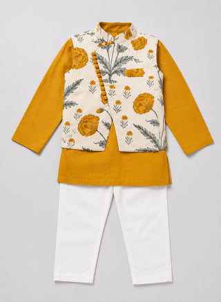Boys Mustard Yellow Kurta, Floral Koti and Pajama Set