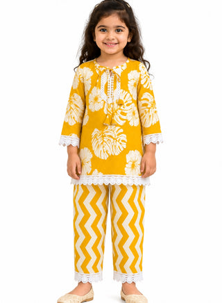 Girls Mustard Yellow Floral Kurta and Palazzo Set