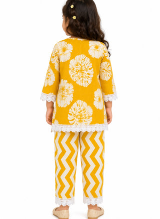 Girls Mustard Yellow Floral Kurta and Palazzo Set