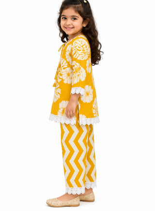 Girls Mustard Yellow Floral Kurta and Palazzo Set
