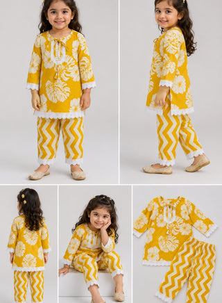 Girls Mustard Yellow Floral Kurta and Palazzo Set