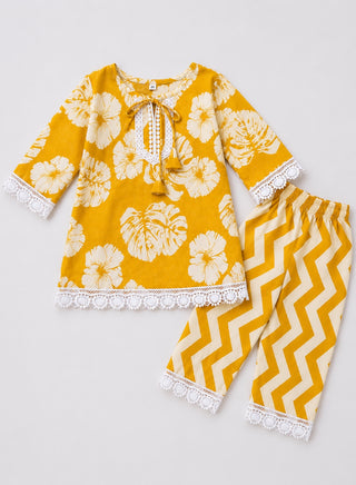 Girls Mustard Yellow Floral Kurta and Palazzo Set