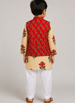 Boys Cream Floral Kurta, Red Printed Koti and Pajama Set