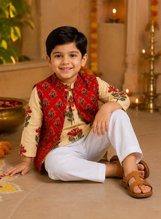 Boys Cream Floral Kurta, Red Printed Koti and Pajama Set