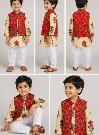 Boys Cream Floral Kurta, Red Printed Koti and Pajama Set