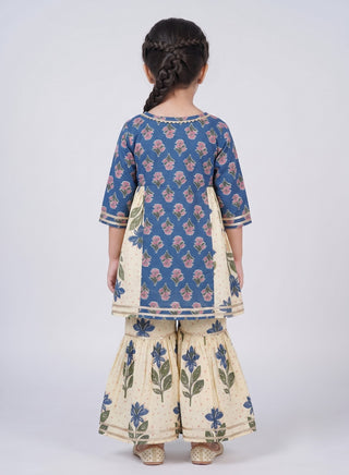 Girls Blue and Cream Floral Kurta with Sharara Set
