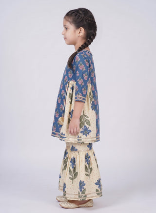 Girls Blue and Cream Floral Kurta with Sharara Set