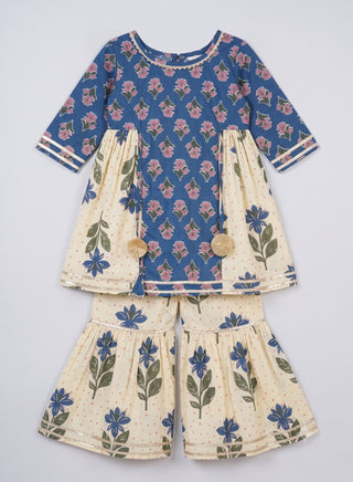 Girls Blue and Cream Floral Kurta with Sharara Set