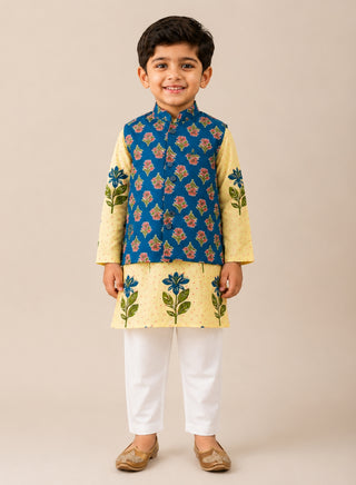Boys Cream Floral Kurta, Blue Printed Koti and Pajama Set